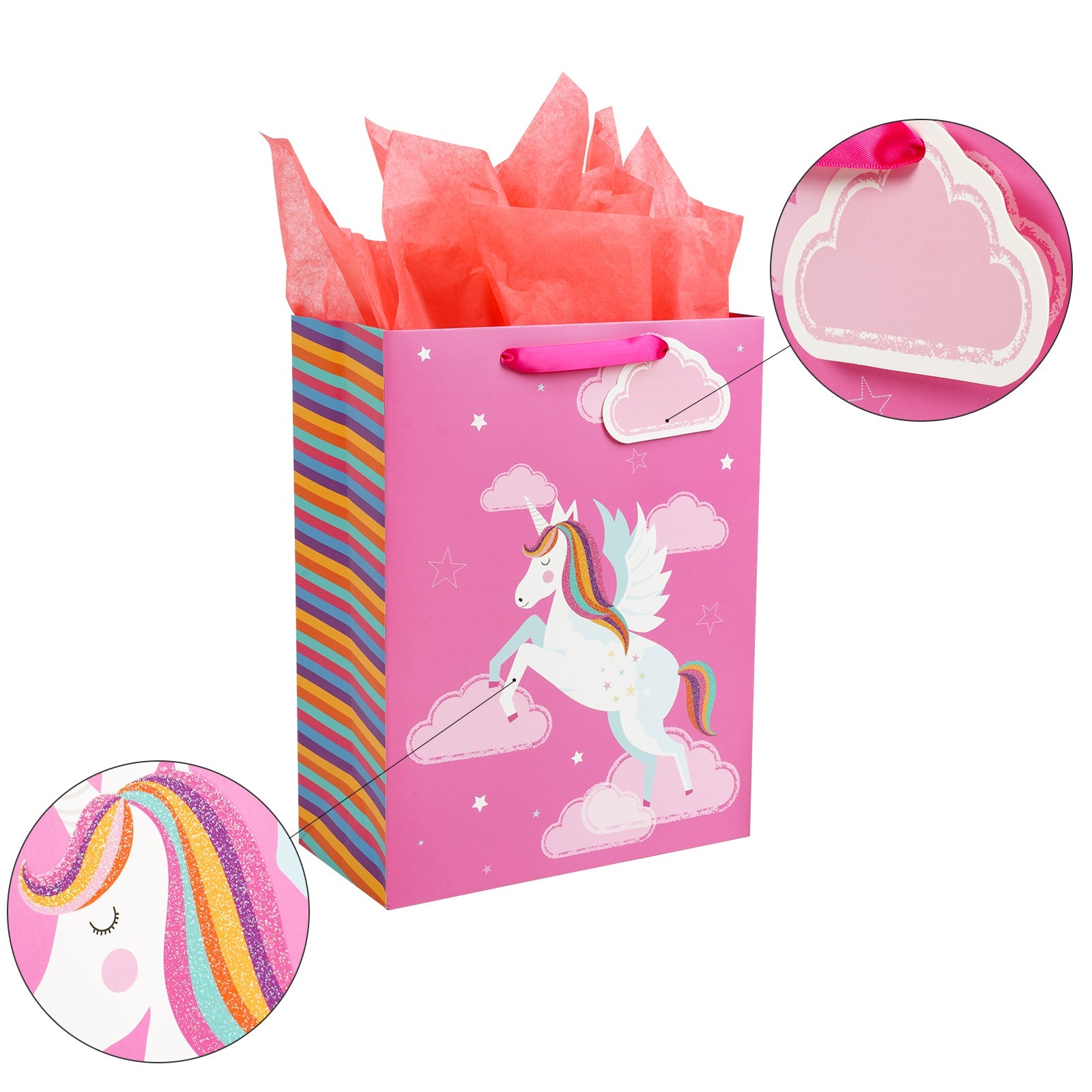 13 inch Large Gift Bag with Birthday Card  & Tissue Paper - Rainbow Horse for Girls