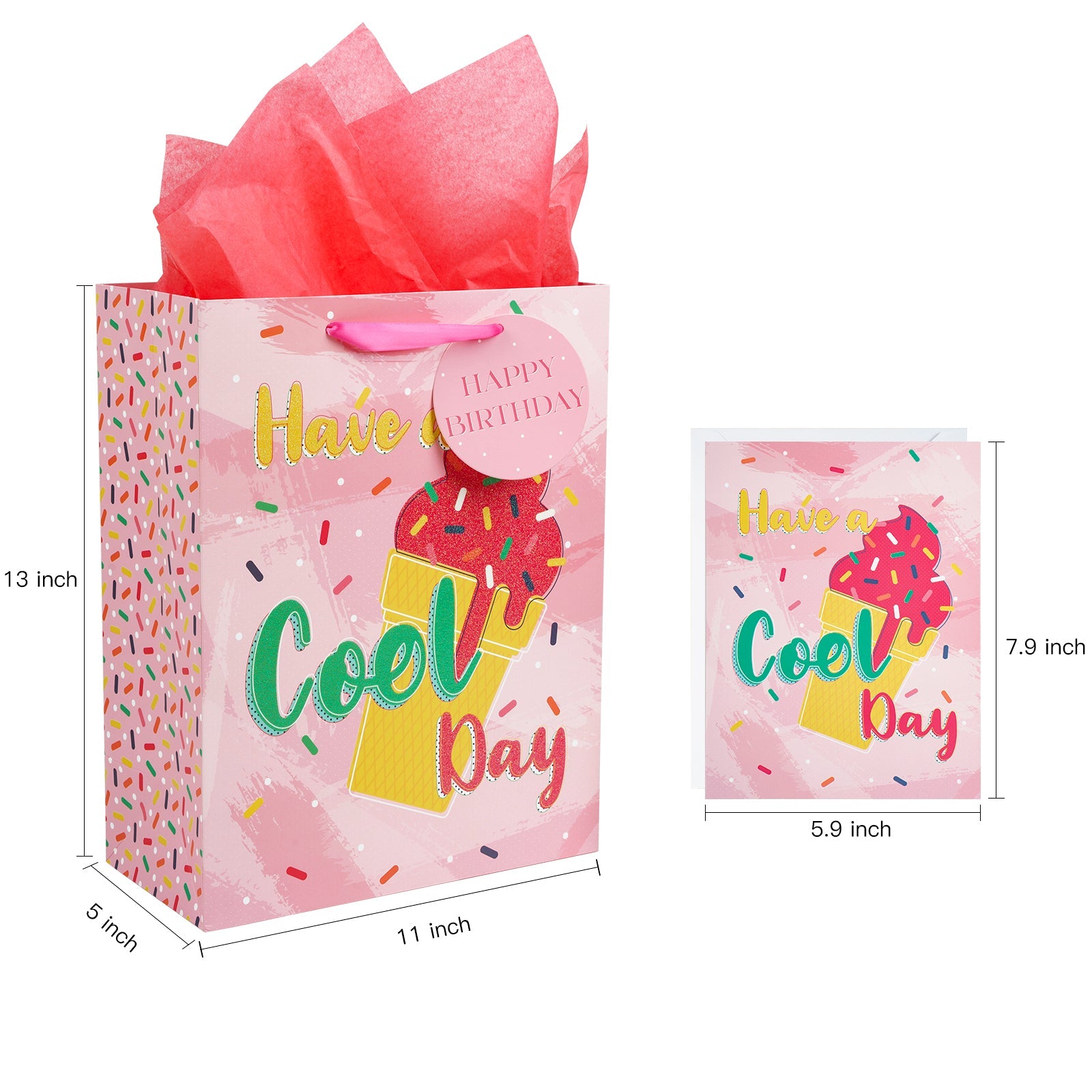 13 inch Large Gift Bag with Birthday Card  & Tissue Paper - Pink Icecream Patterns