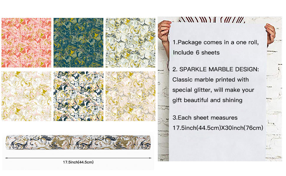 Glitter Marble Wrapping Paper Sheets - 1 Roll Contains 6 Sheets - 17.5 inch X 30 inch Per Sheet