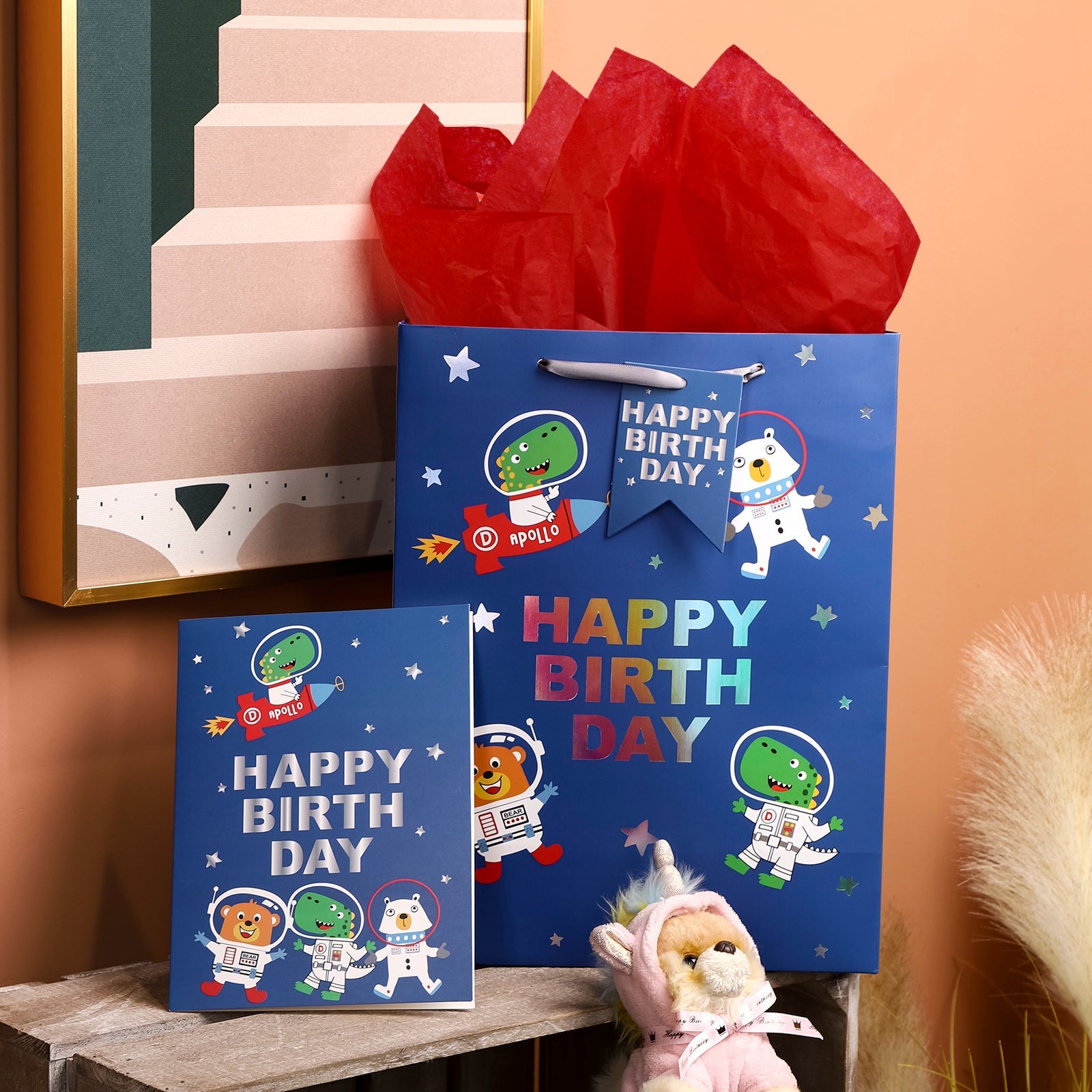 13 inch Large Gift Bag with Birthday Card  & Tissue Paper for Boy - Dinosaur Astronaut Design for Boys