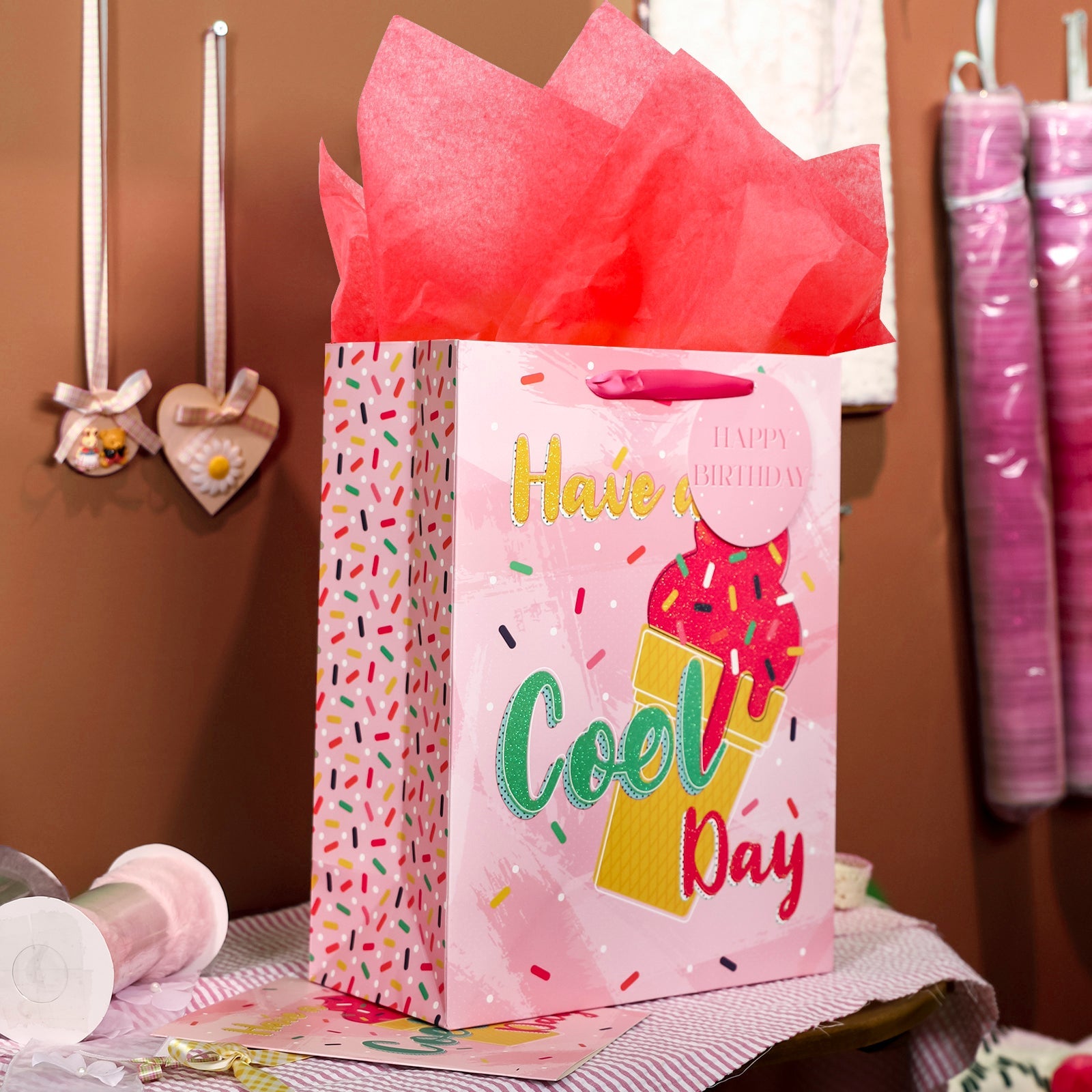 13 inch Large Gift Bag with Birthday Card  & Tissue Paper - Pink Icecream Patterns
