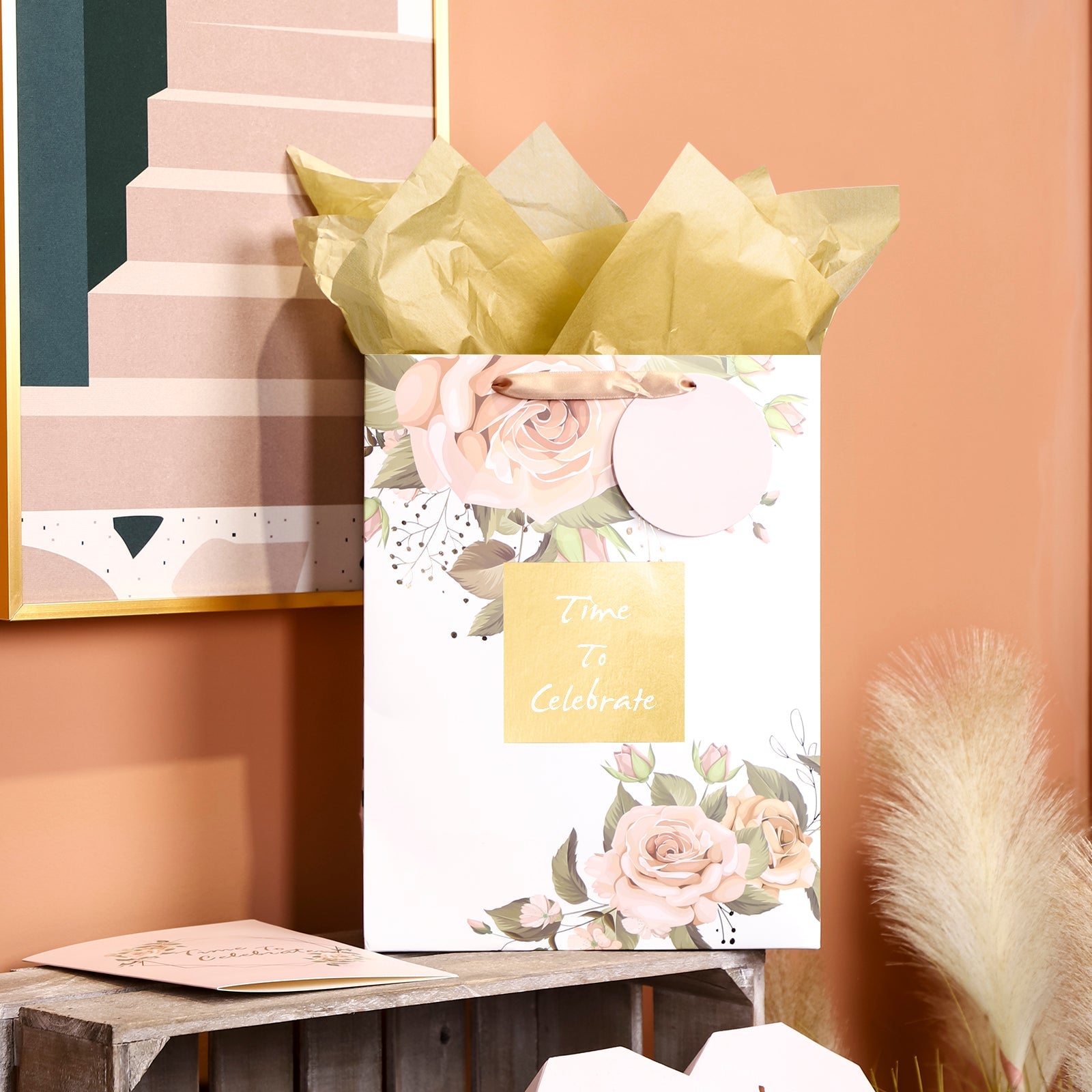 13 inch Large Pink Gold Gift Bag with Card  & Tissue Paper for Wedding/Anniversary
