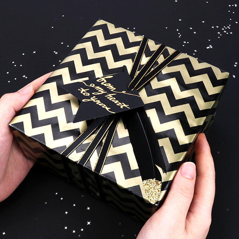 Black/Gold Metallic Foil "Chevron/Dot/Geometric" Wrapping Paper - 3 Roll Pack