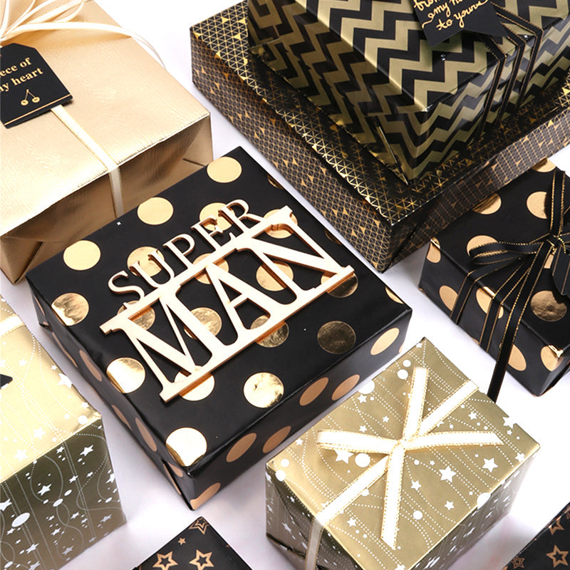 Black/Gold Metallic Foil "Chevron/Dot/Geometric" Wrapping Paper - 3 Roll Pack