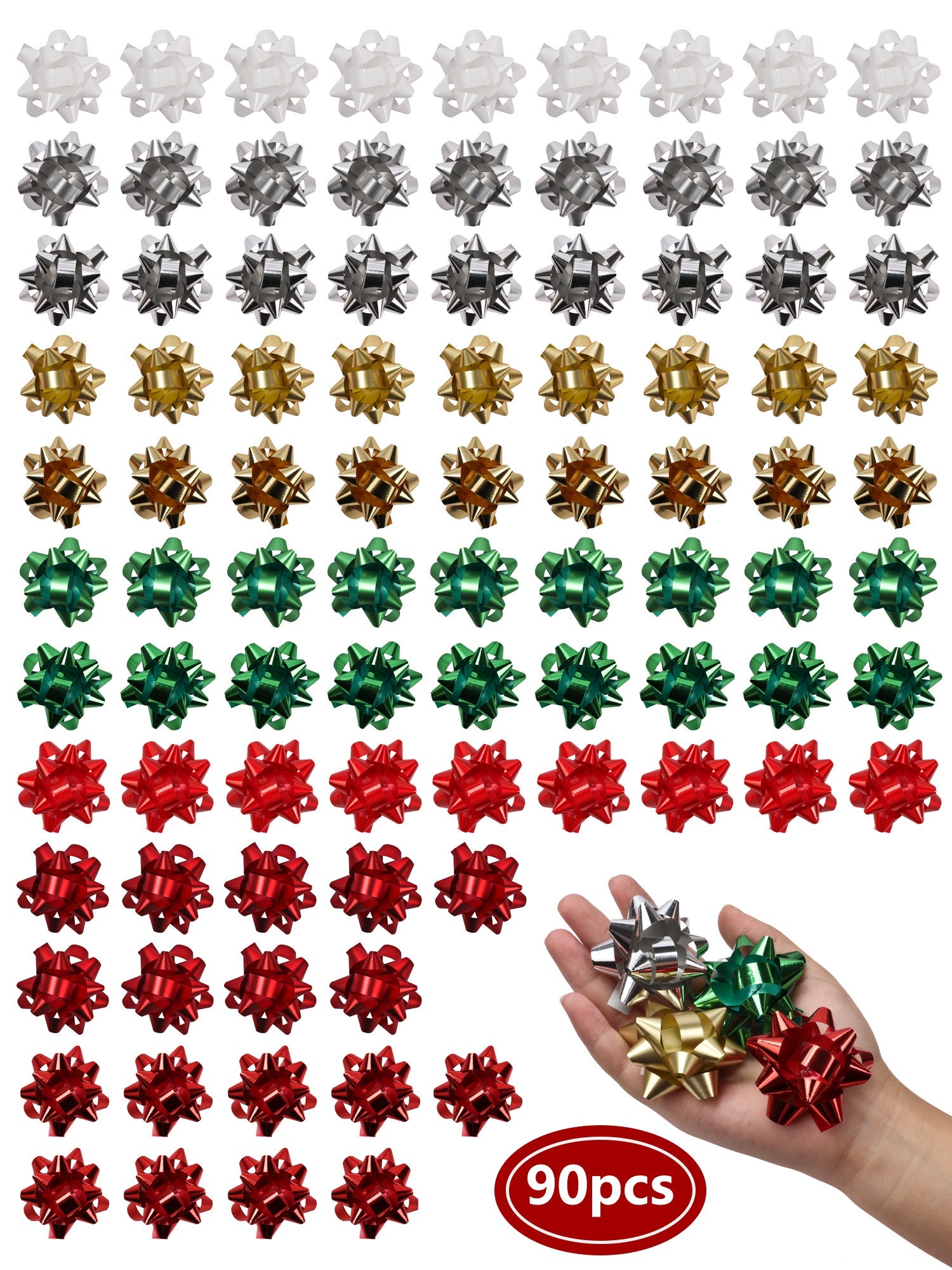 2" Christmas Star Gift Bow Bundle - White/Silver/Gold/Green/Red -  90 pcs