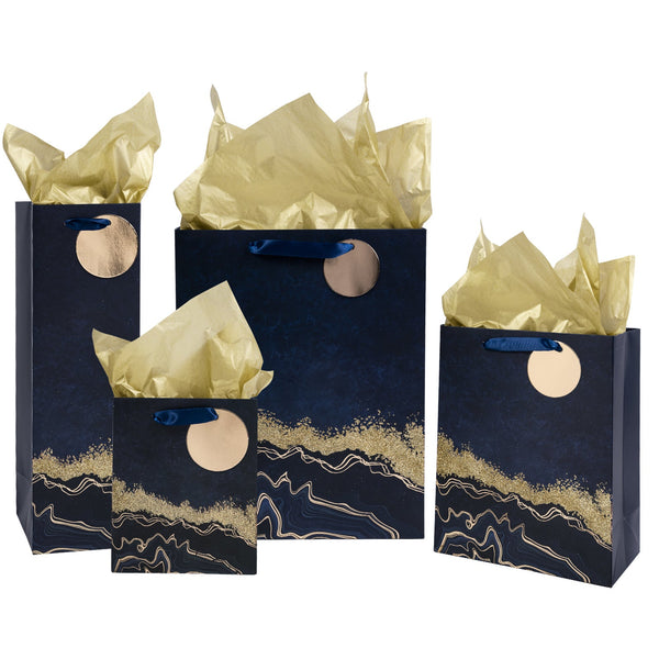 Gift Bags Set - 4 Pack - Navy Blue Gold Design With Gold Tissue Paper