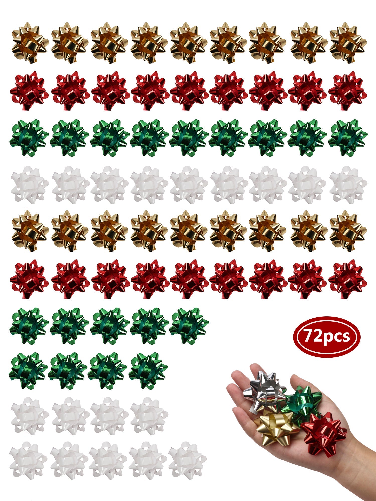 2" Christmas Star Gift Bow Bundle - Green/Red/White/Gold - 72 pcs