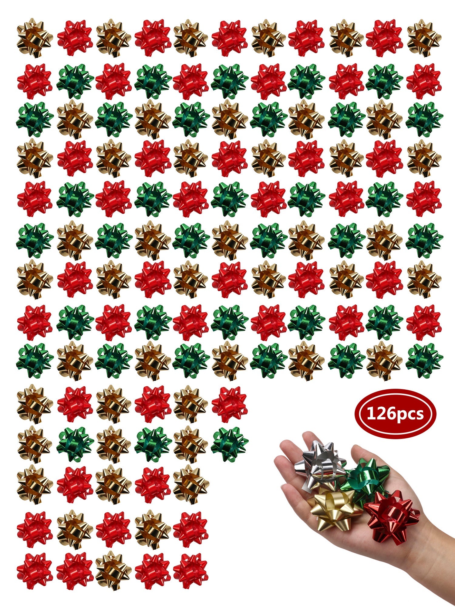 2" Christmas Star Gift Bow Bundle - Gold/Green/Apple Red -  126 pcs