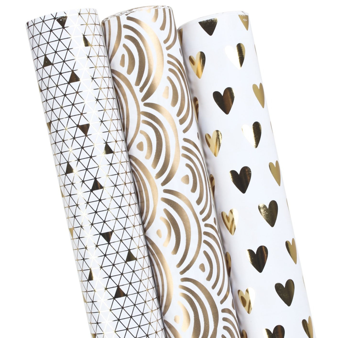 White/Gold Elegant Series Hearts/Waves/Geometric Wrapping Paper - 3 Roll Pack