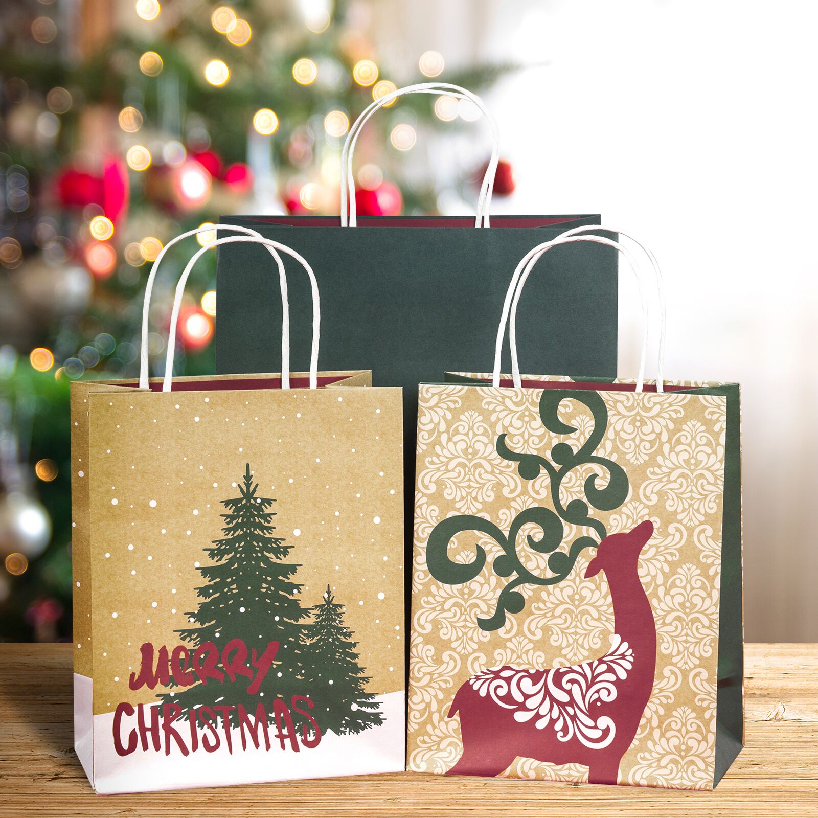 Assort Medium & Large Christmas Gift Bags - Christmas Trees/ Pine Trees/ Deer/ Red Cars - 8 Pack
