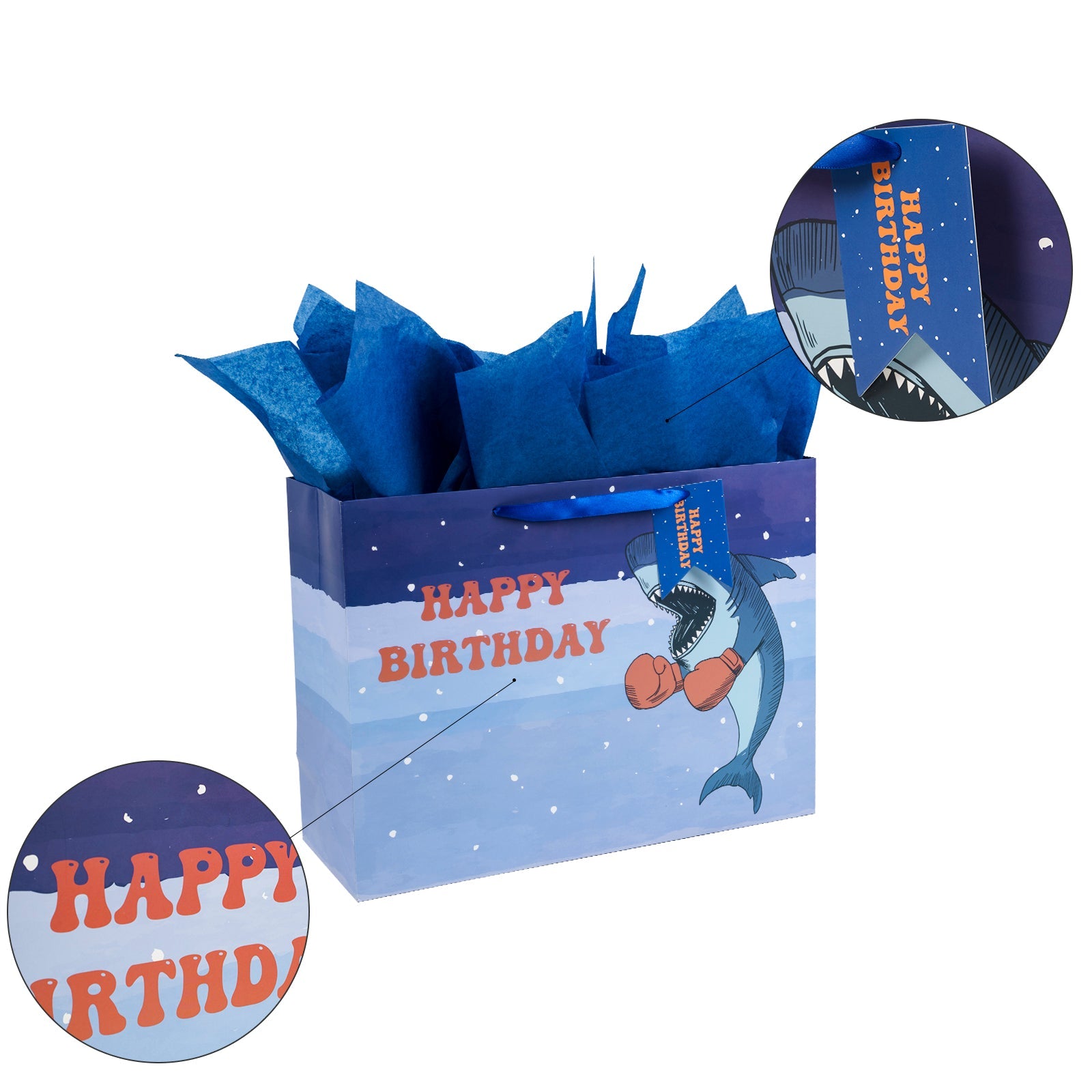 16 inch Extra Large Gift Bag with Birthday Card  & Tissue Paper for Boys - Shark Design