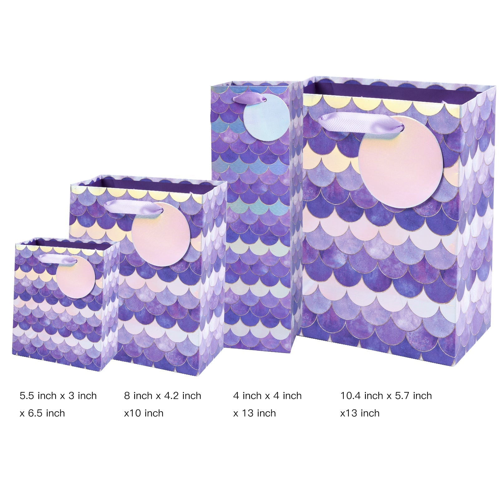 Gift Bags Set - 4 Pack - Purple & Silver Fish Scales With White Tissue Paper