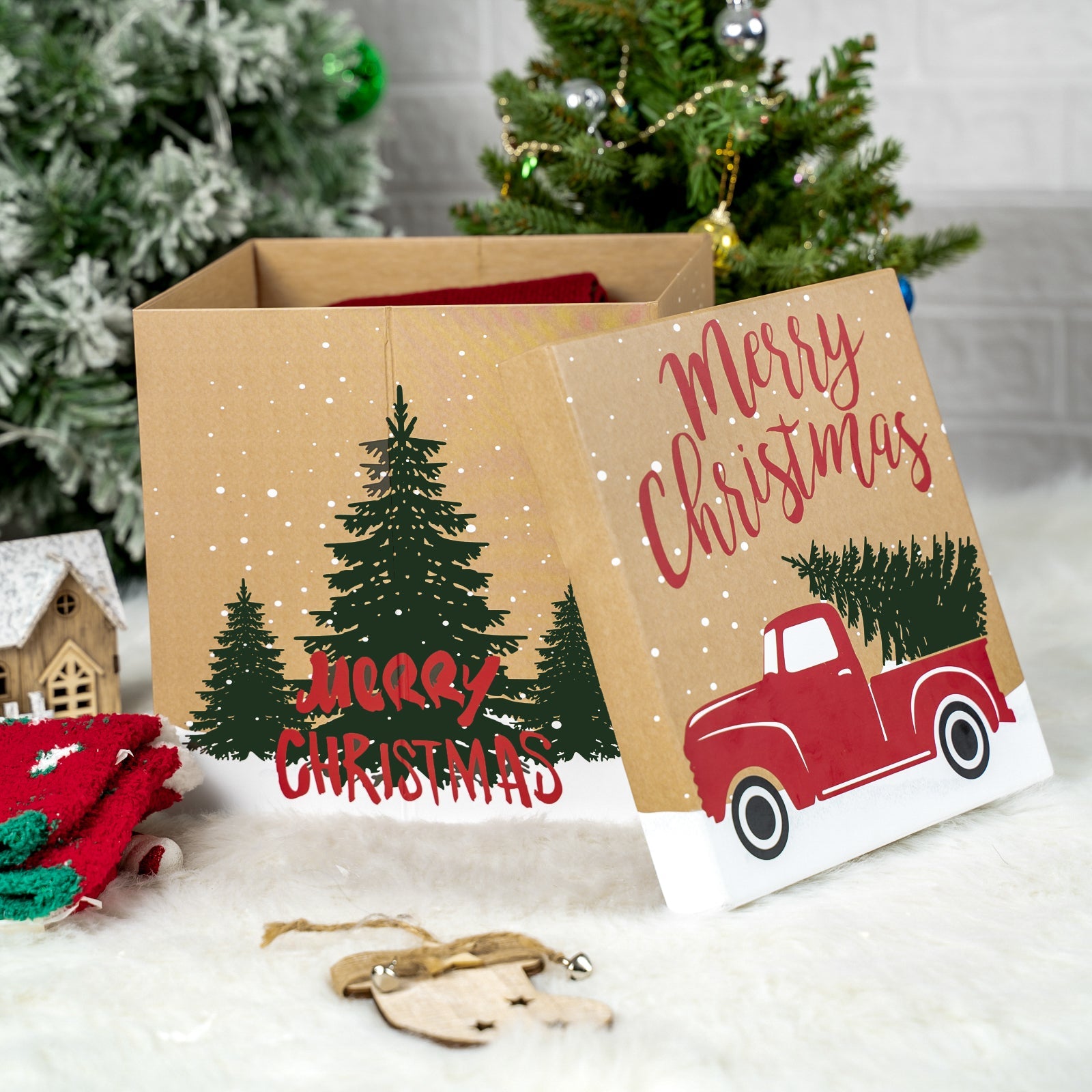 9 inch Square Christmas Gift Box with Lid - Tree Farm
