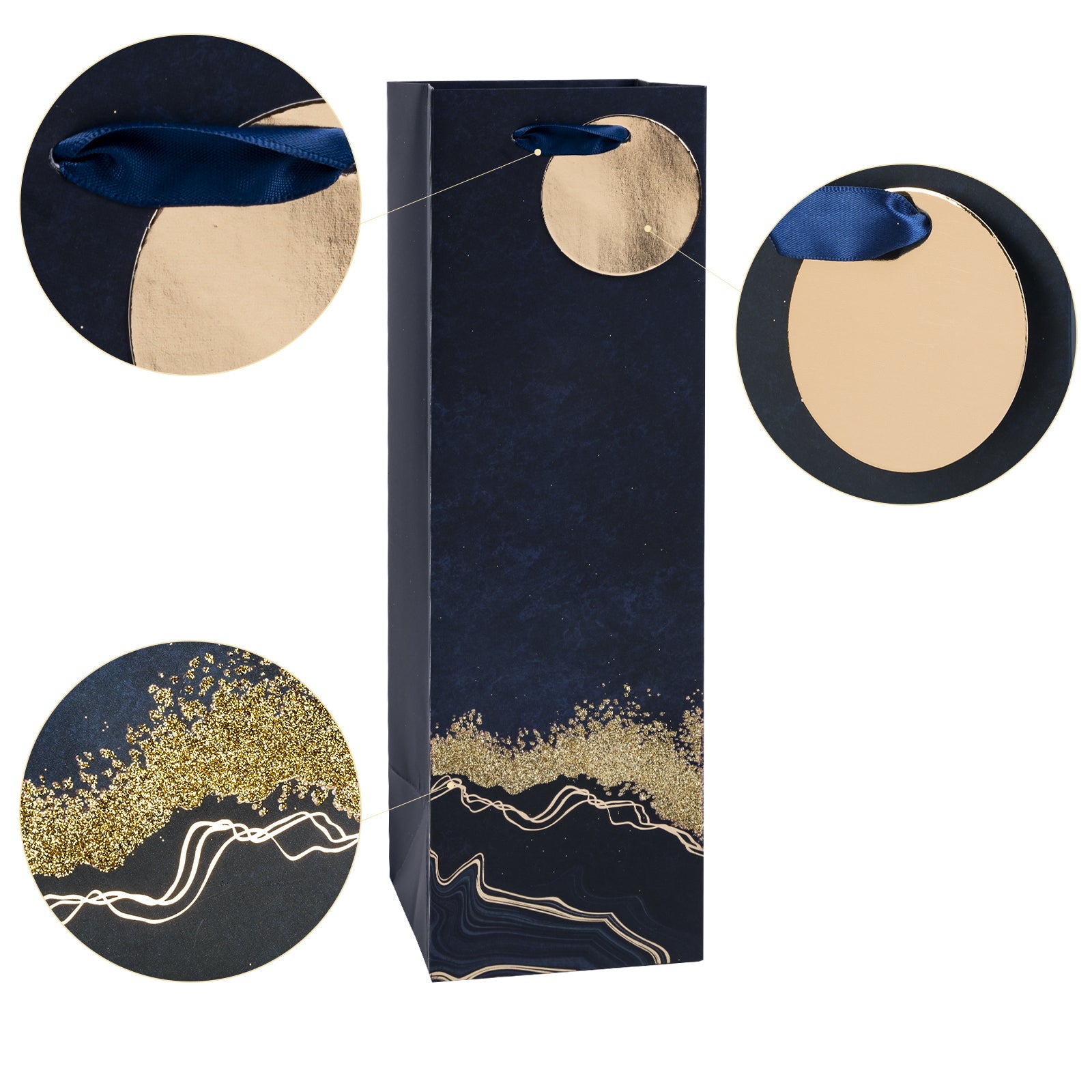 Gift Bags Set - 4 Pack - Navy Blue Gold Design With Gold Tissue Paper
