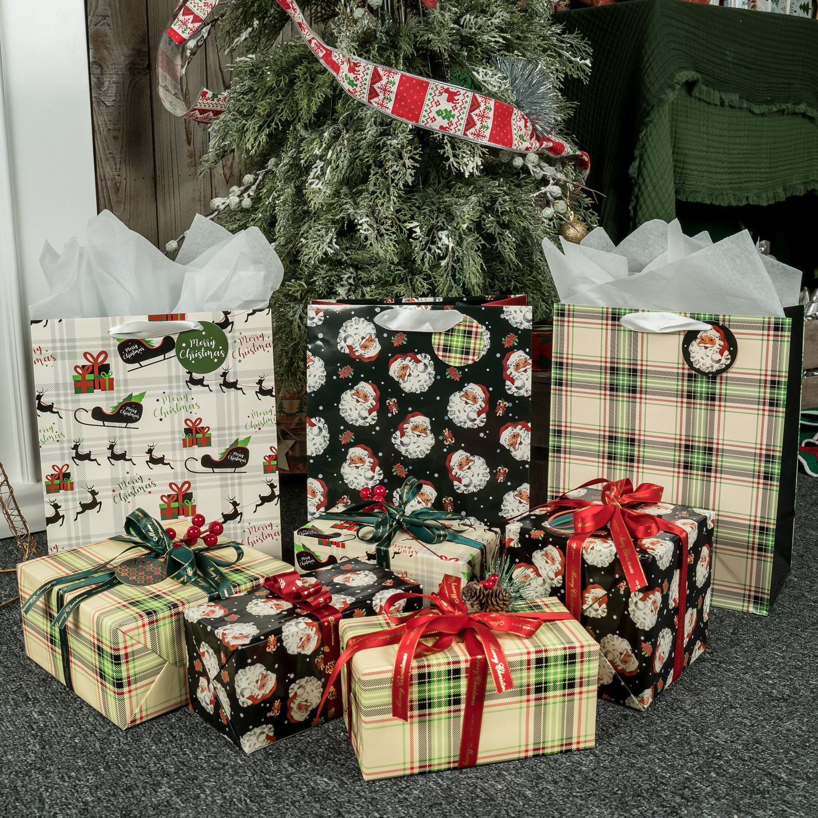 Assort Large Christmas Gift Bag Plaid 9 Pack 10x5x13 inch