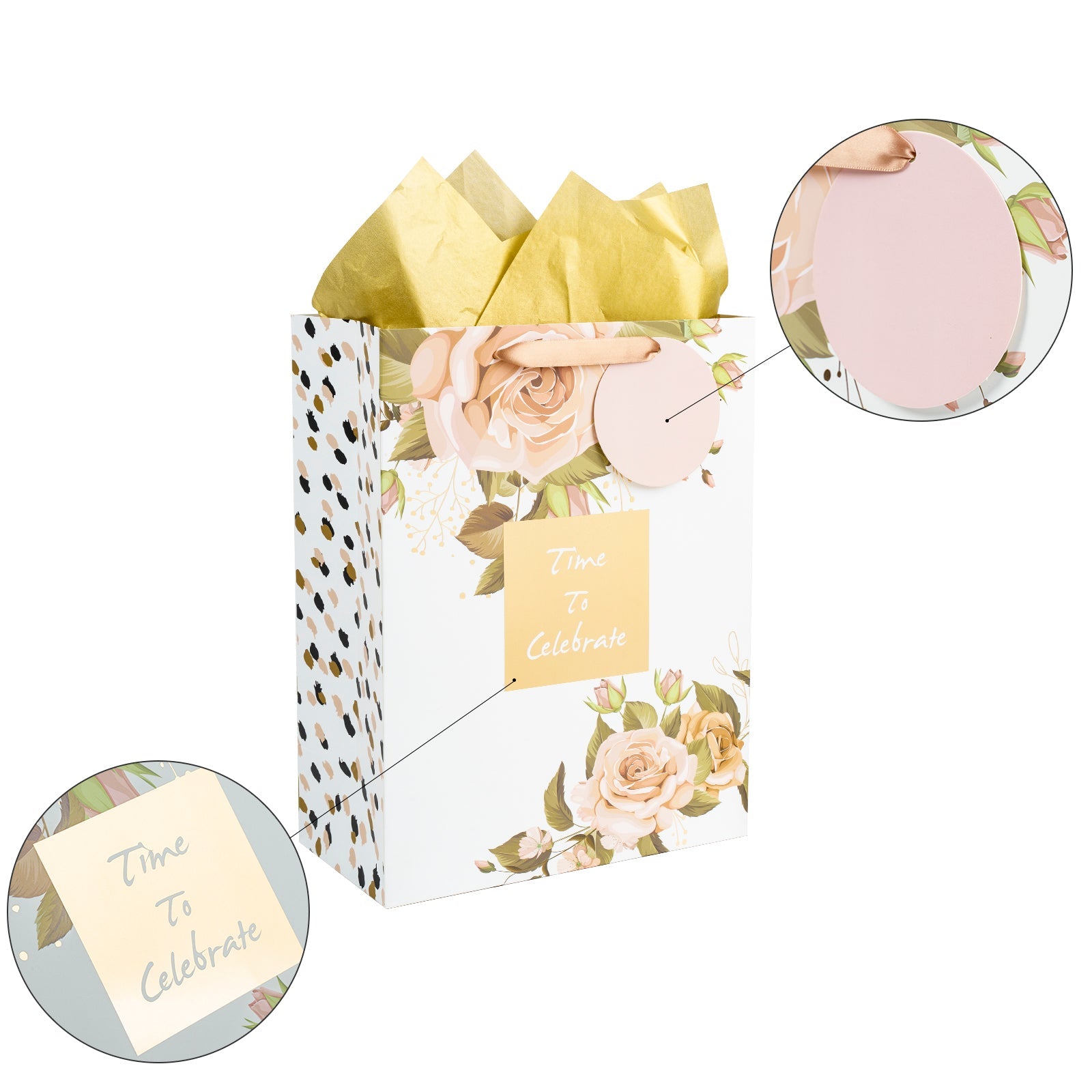 13 inch Large Pink Gold Gift Bag with Card  & Tissue Paper for Wedding/Anniversary