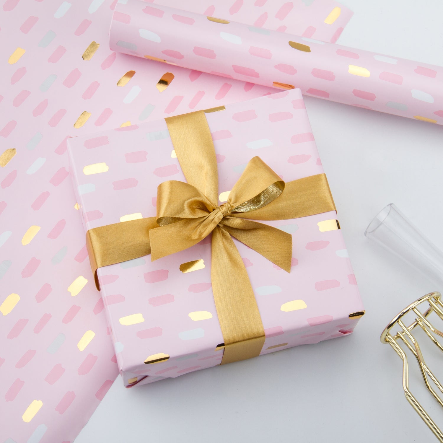 Wrapping Paper Roll- Pink and Gold Foil Brushstroke Design - 30inch x 16.5 Feet