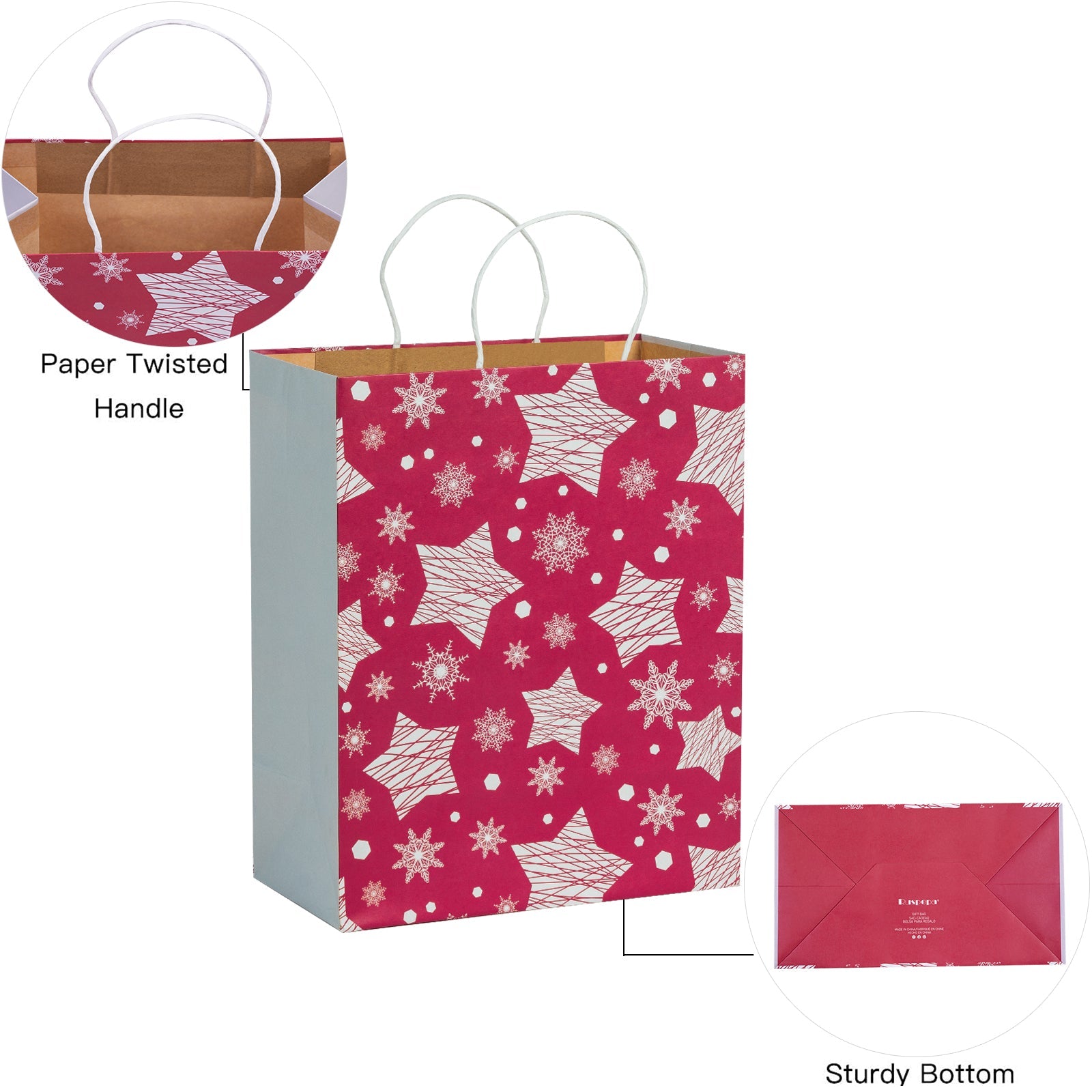 Assort Medium & Large Christmas Gift Bags - Snowflakes/ Cabin/ Stars/ Deer - 8 Pack