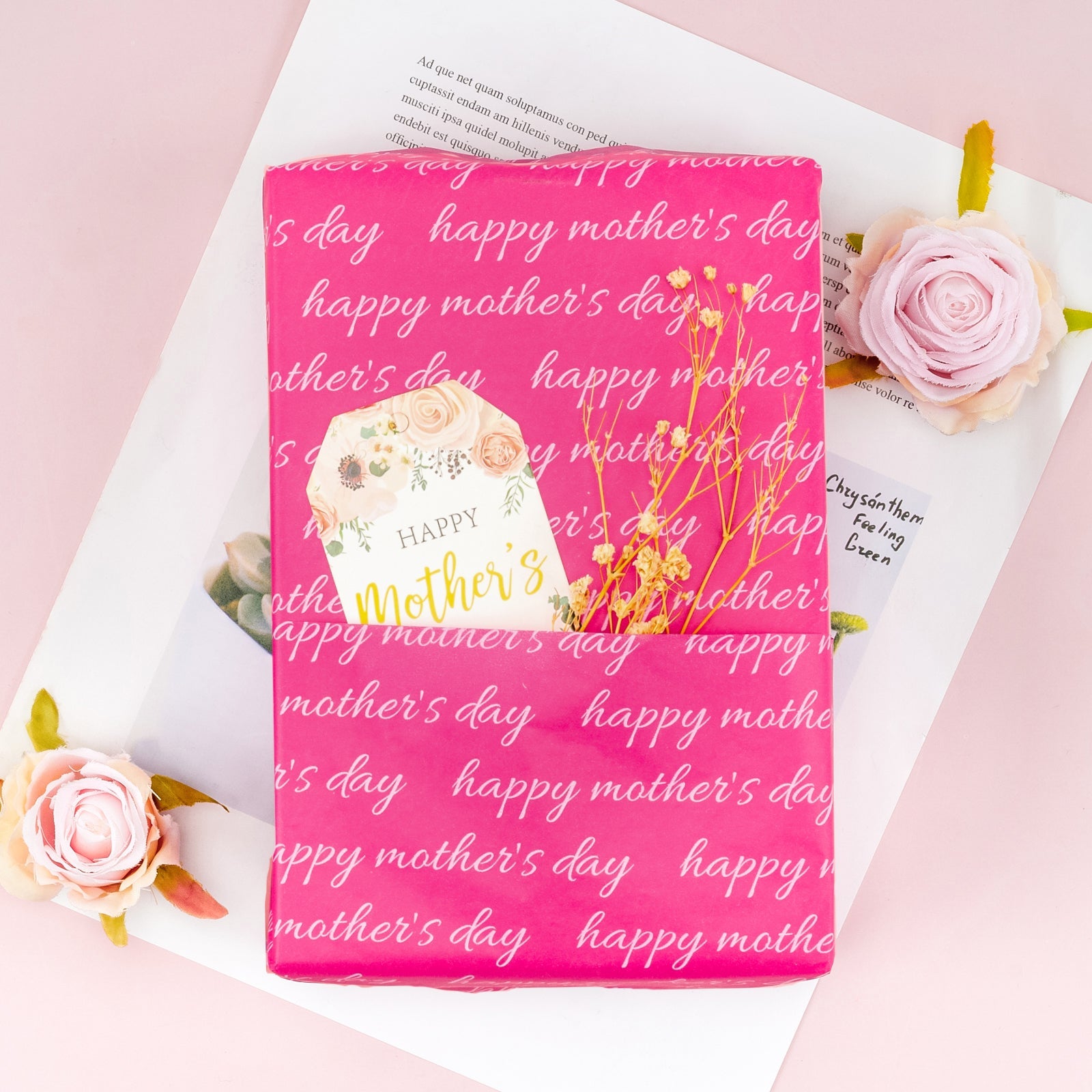 Gift Wrapping Tissue Paper - 25 Sheets Pink and White Happy Mother's Day Design Gift Wrap Paper Bulk for Packing, DIY Crafts - 19.7x27.5 inch