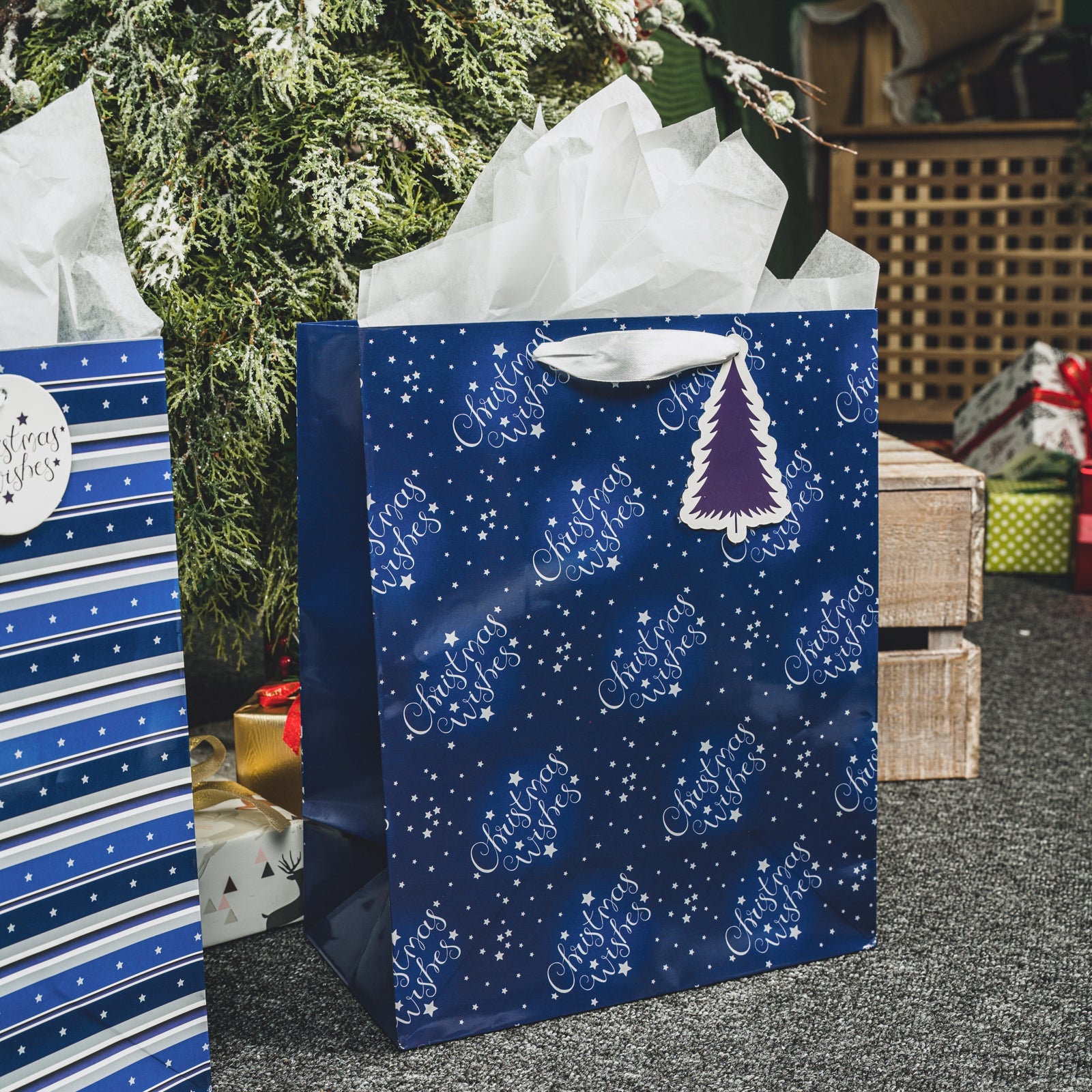 Assort Large Christmas Gift Bag Navy Blue Deer 9 Pack 10"x5"x13"