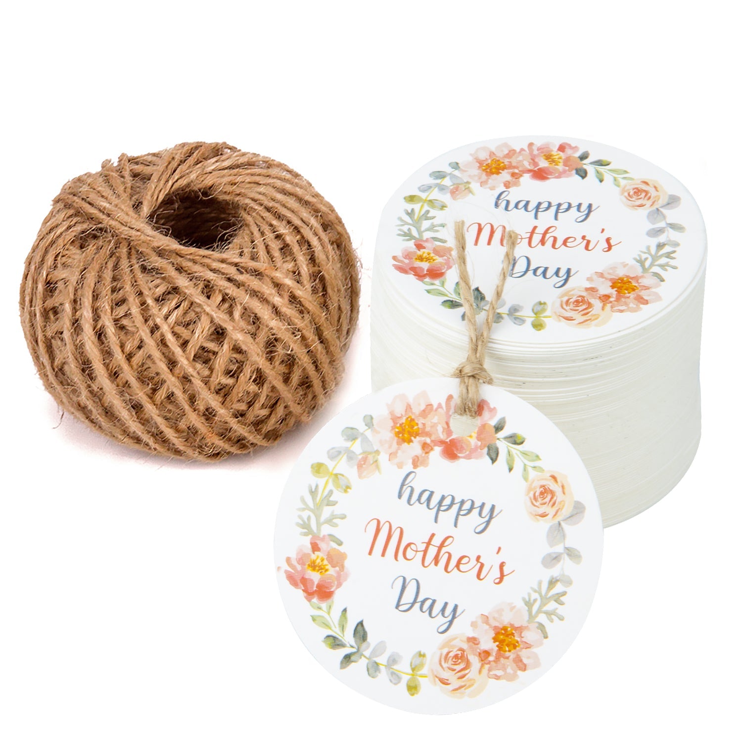 Gift Tags with String - 100pcs Happy Mother's Day Floral Design w/ 100 Feet Natural Jute Twine