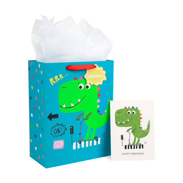 13 inch Large Gift Bag with Birthday Card  & Tissue Paper - Dinosaur Patterns for Boys