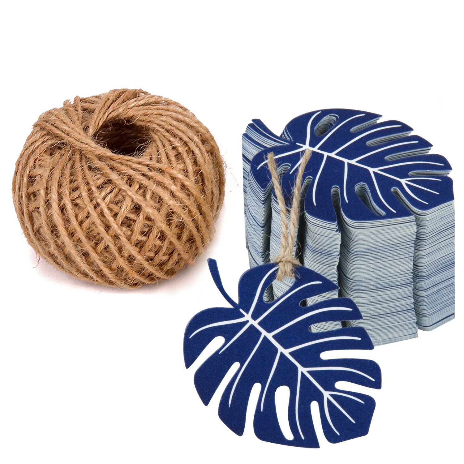 Gift Tags with String - 100PCS Navy Tropical Palm Leaves Tags with 100 Feet Natural Jute Twine