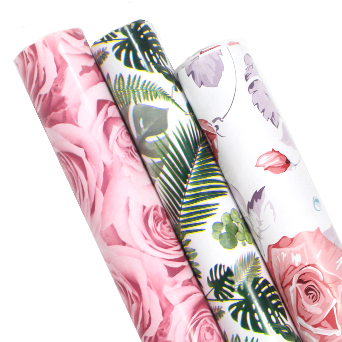 White/Pink/Green "Modern Floral & Summer Leaves" Wrapping Paper - 3 Roll Pack
