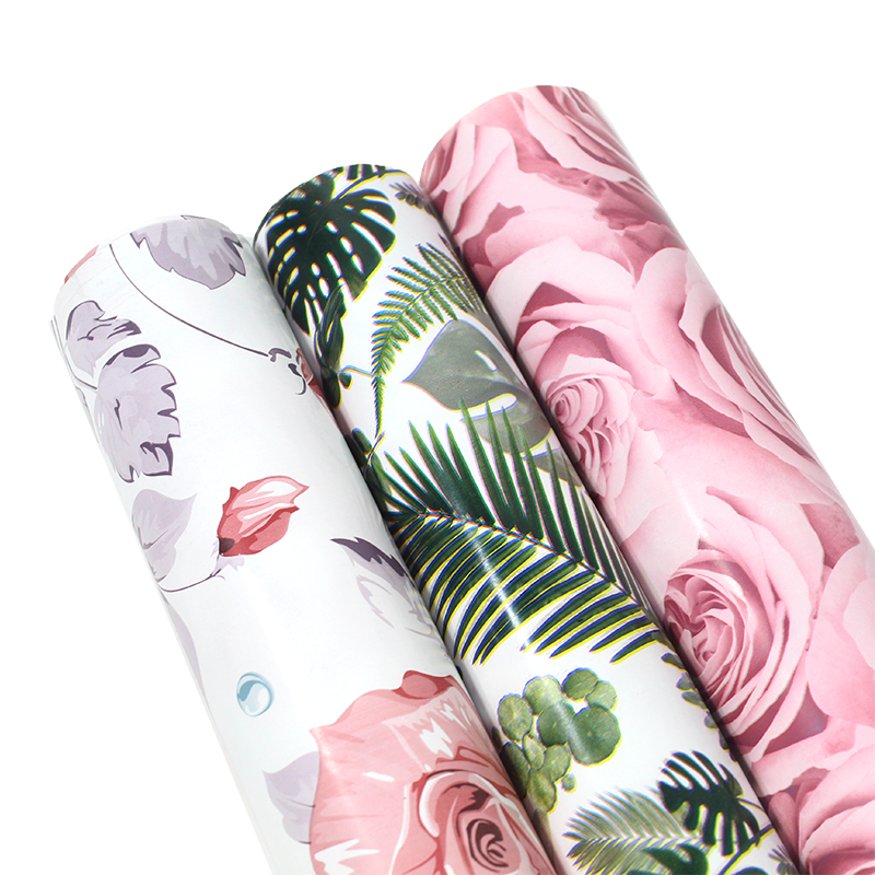 White/Pink/Green "Modern Floral & Summer Leaves" Wrapping Paper - 3 Roll Pack