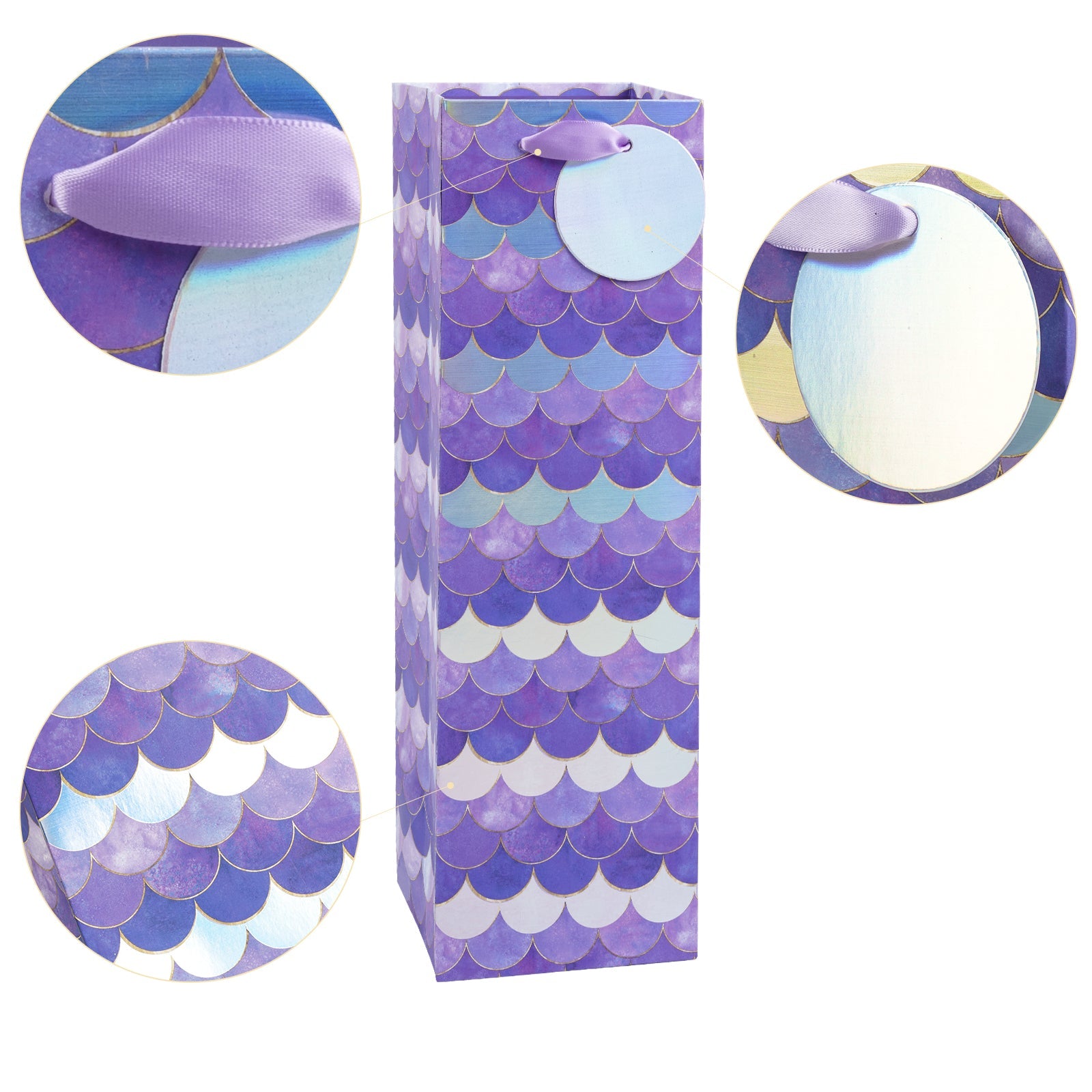 Gift Bags Set - 4 Pack - Purple & Silver Fish Scales With White Tissue Paper