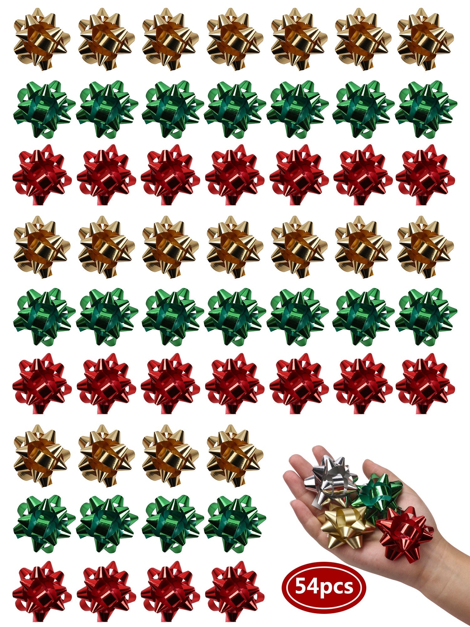 2" Christmas Star Gift Bow Bundle - Green/Red/Gold - 54pcs