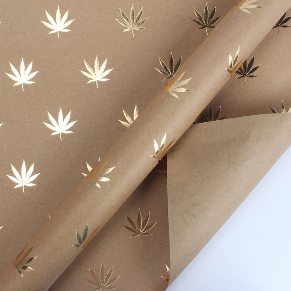 Cannabis Leaf Gold Foil Kraft Wrapping Paper Sheets - (4) - 30" X 20" SHEETS