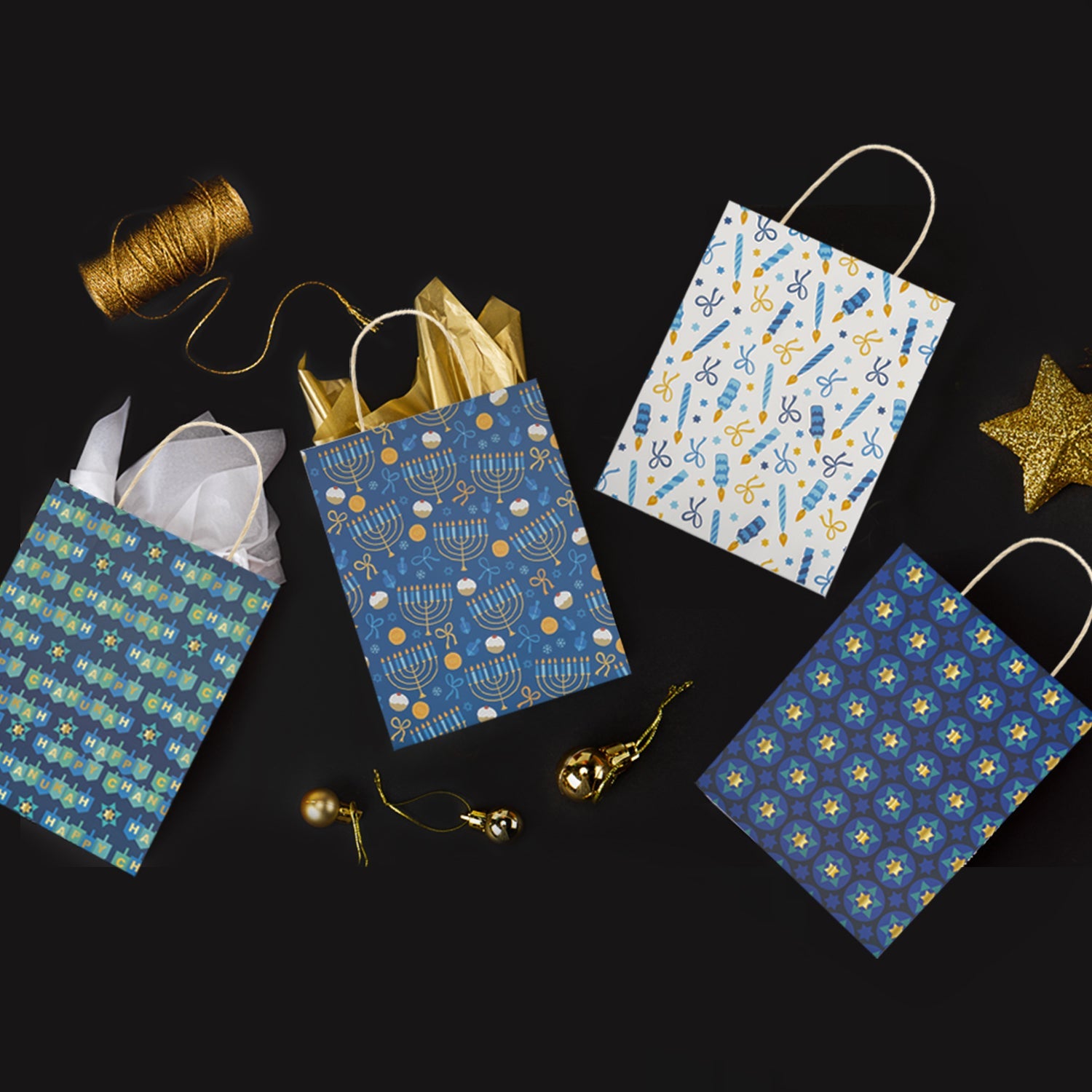 Hanukkah Medium Size Gift Bags 12 Pack 8"x4"x10"- Blue