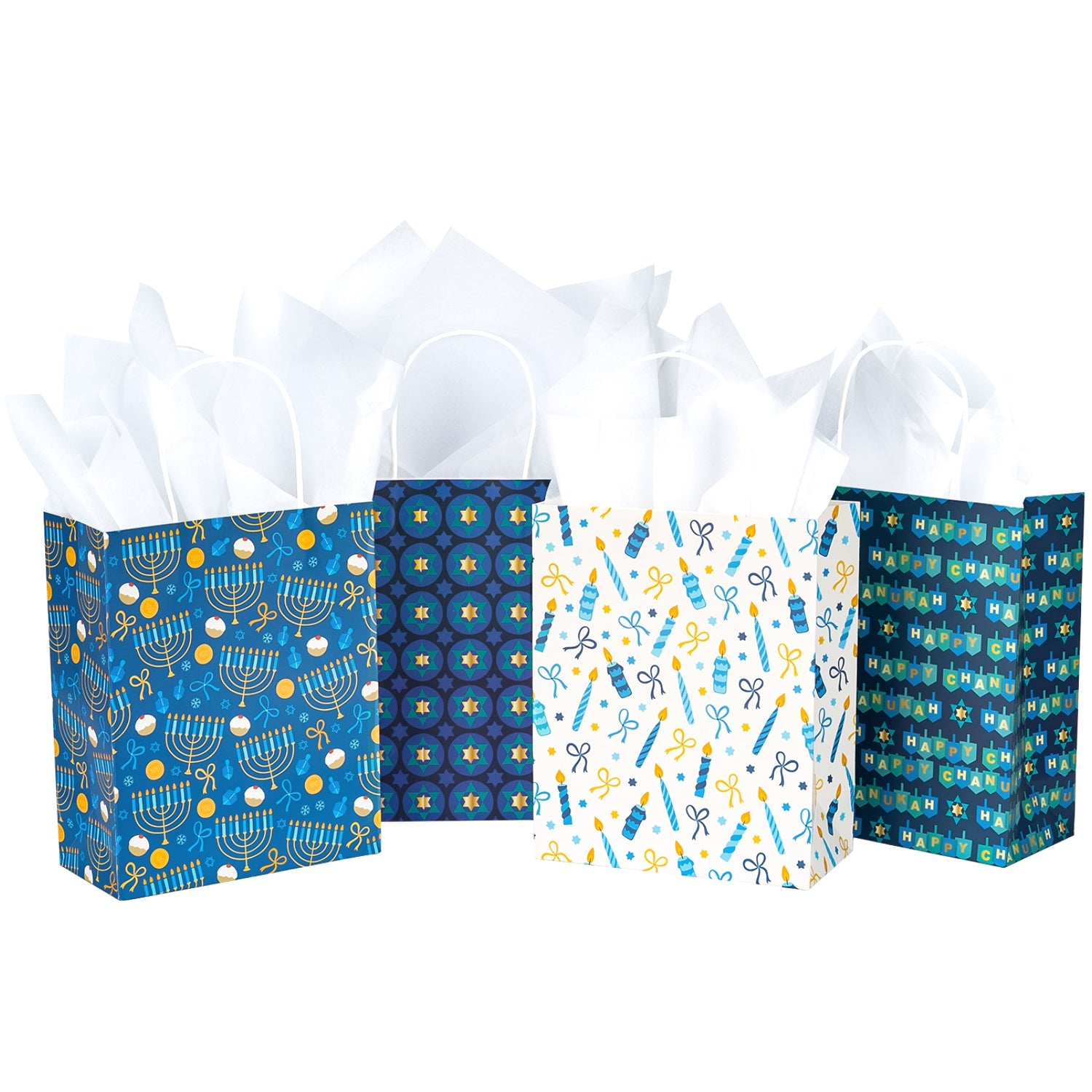 Hanukkah Medium Size Gift Bags 12 Pack 8"x4"x10"- Blue