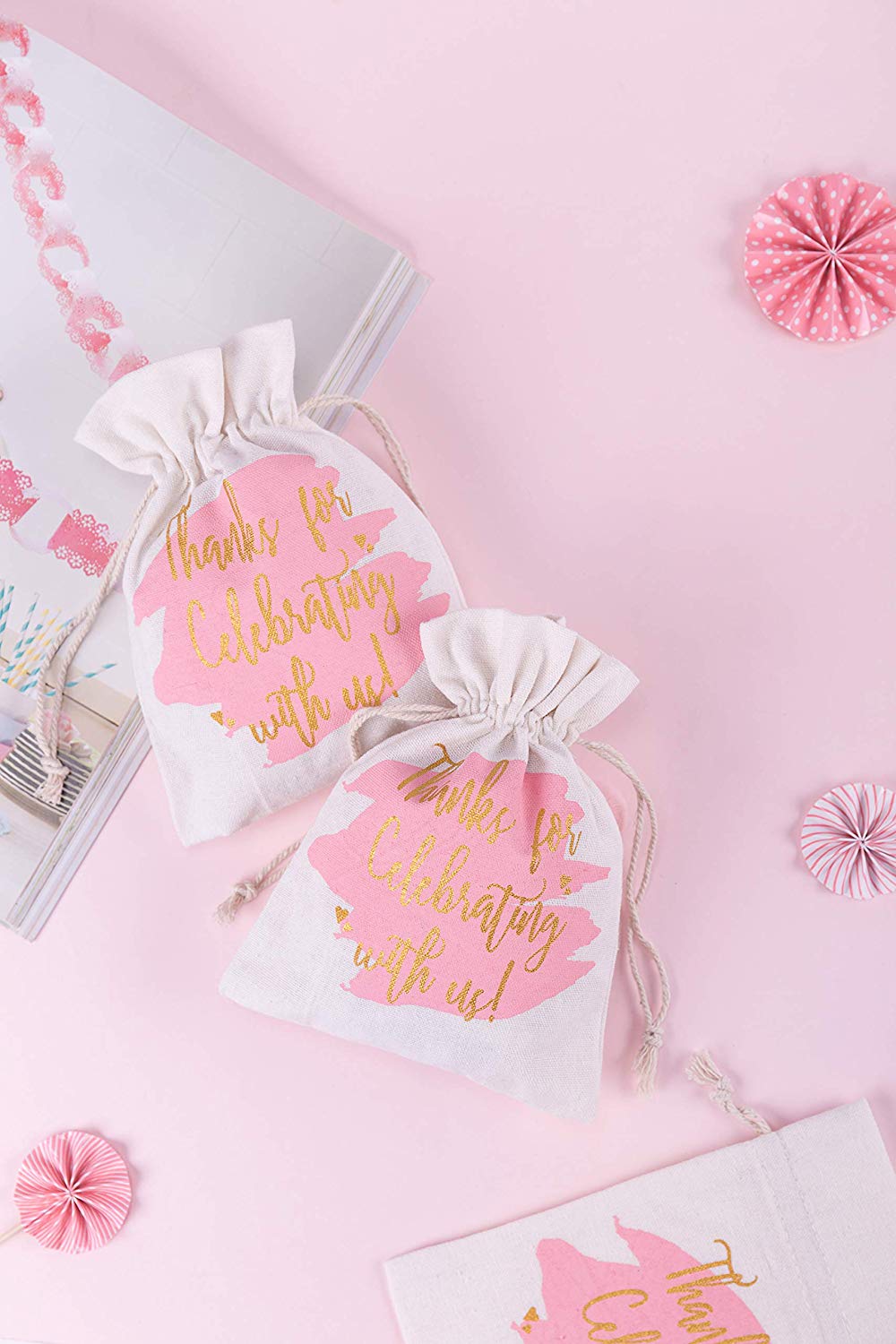 Burlap Drawstring Gift Bags-5x7 inch Pink Watercolor with Gold Printing"Thanks for Celebrating with us"