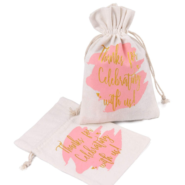 Burlap Drawstring Gift Bags-5x7 inch Pink Watercolor with Gold Printing"Thanks for Celebrating with us"