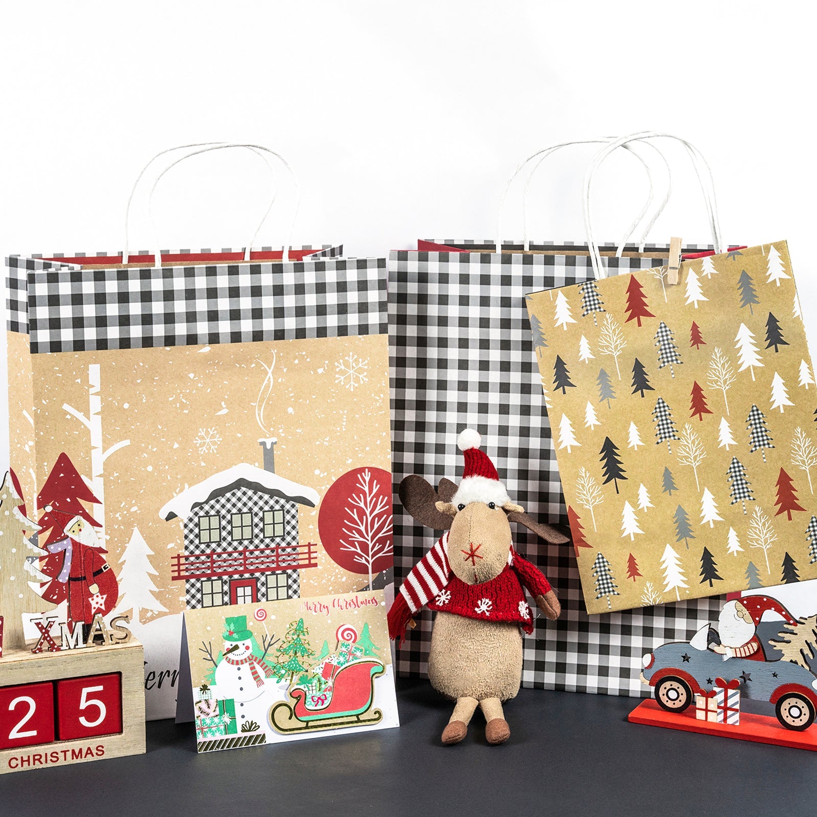 Assort Medium & Large Christmas Gift Bags - Deer/ Plaid/ Cabin/Christmas Tree- 8 Pack