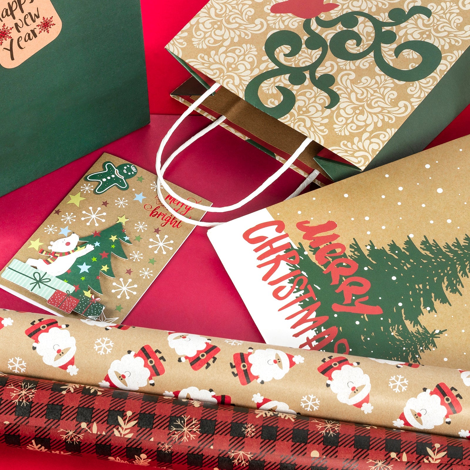 Assort Medium & Large Christmas Gift Bags - Christmas Trees/ Pine Trees/ Deer/ Red Cars - 8 Pack