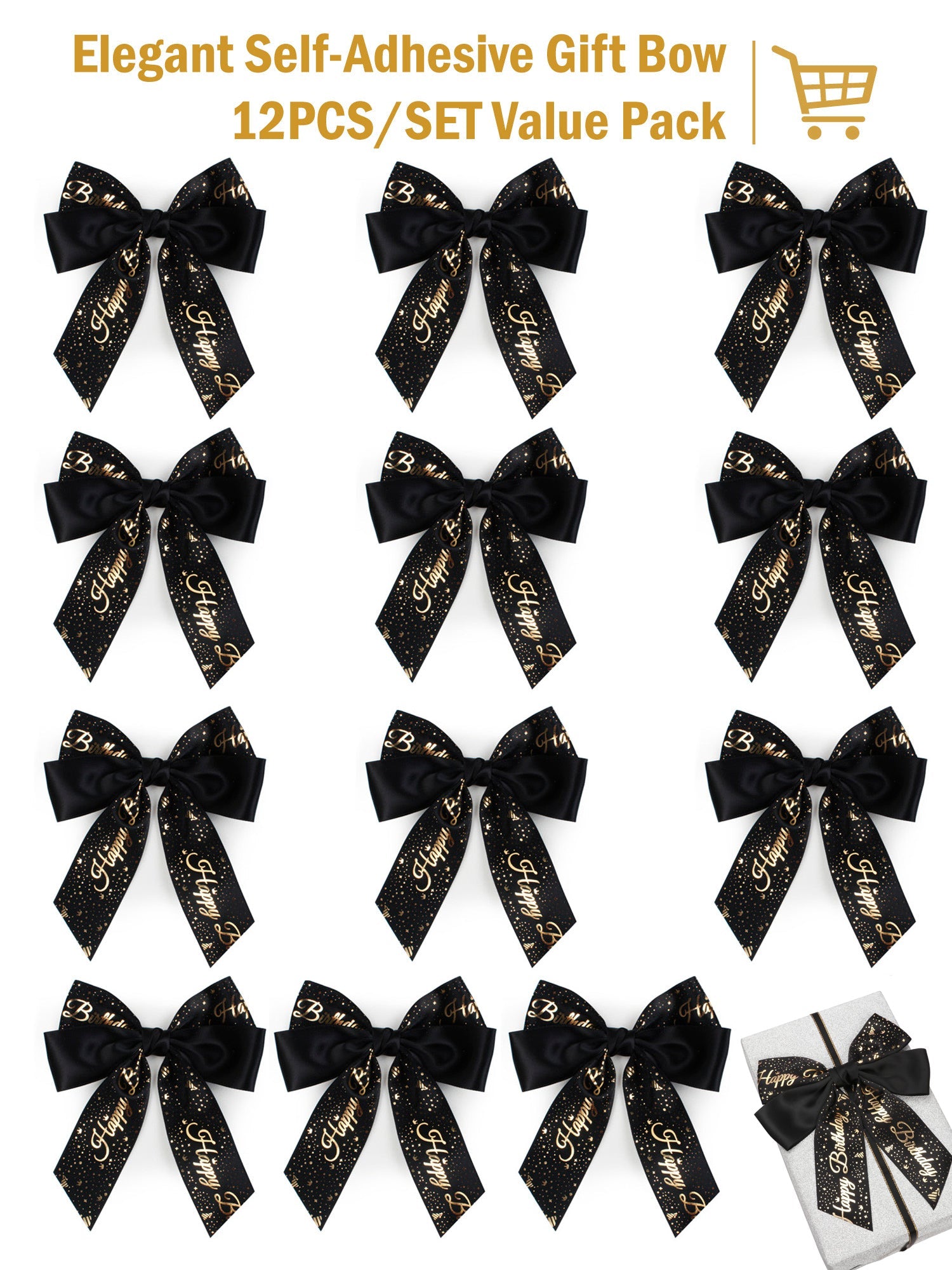 5 1/2" x 6 3/8" Double Face Satin Luxury Happy Birthday Gift Bow Bundle - Black/Gold - 12 Bows/Bundle