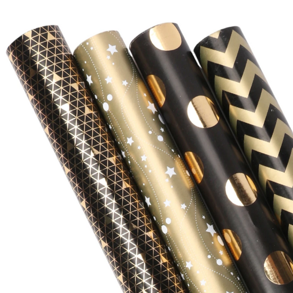 Chevron/Dot/Geometric Metallic Foil Wrapping Paper - 4 Roll Pack (10' x 30"/Roll)