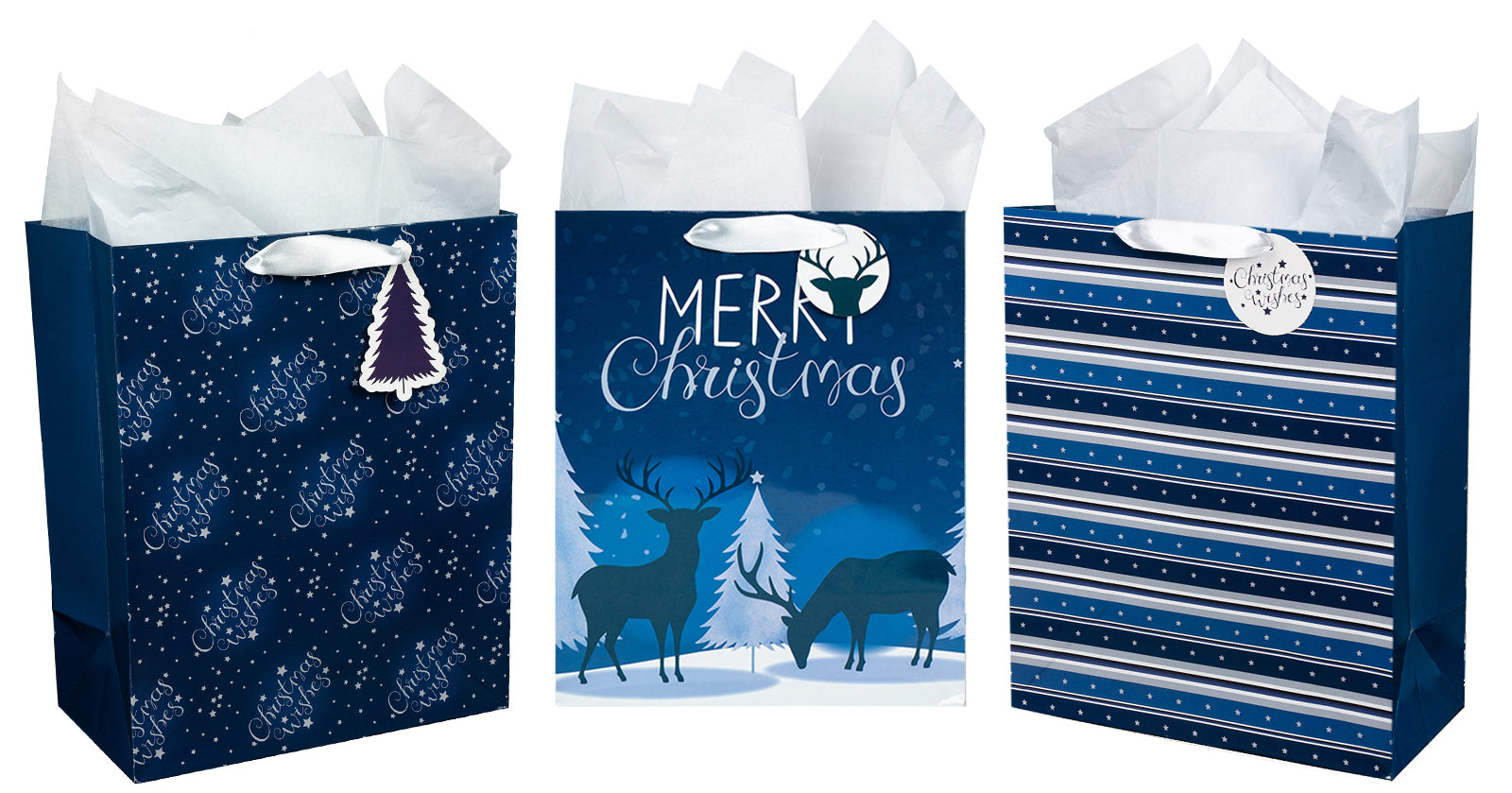 Assort Large Christmas Gift Bag Navy Blue Deer 9 Pack 10"x5"x13"