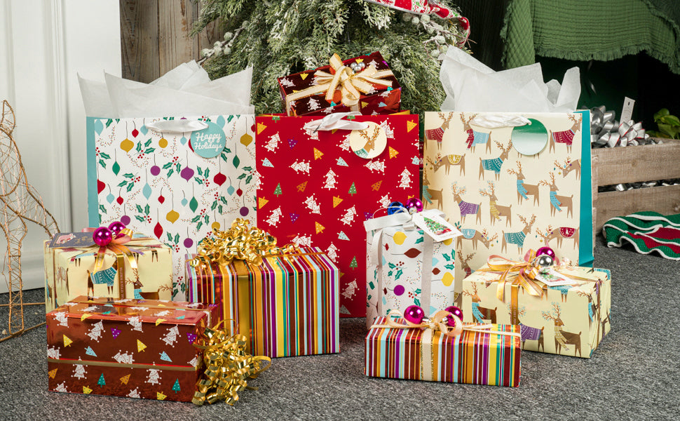 Assort Large Christmas Gift Bag Deer 9 Pack 10"x5"x13"