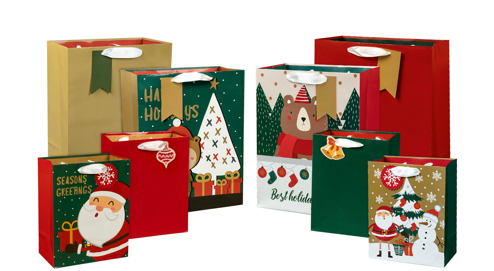 Assort Medium & Large Christmas Gift Bag Santa & Bear - 8 Pack