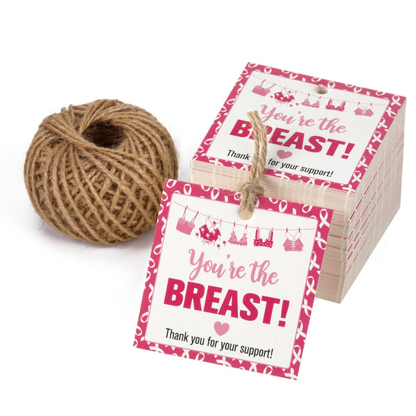 Gift Tags with String - 100PCS Breast Cancer Paper Tags w/ 100 Feet Natural Jute Twine