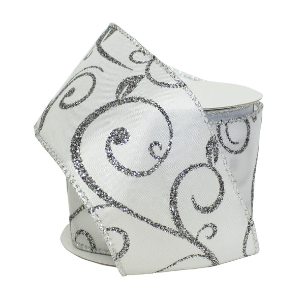 2 1/2" Wired Scroll Ribbon White/Silver 10 Yards