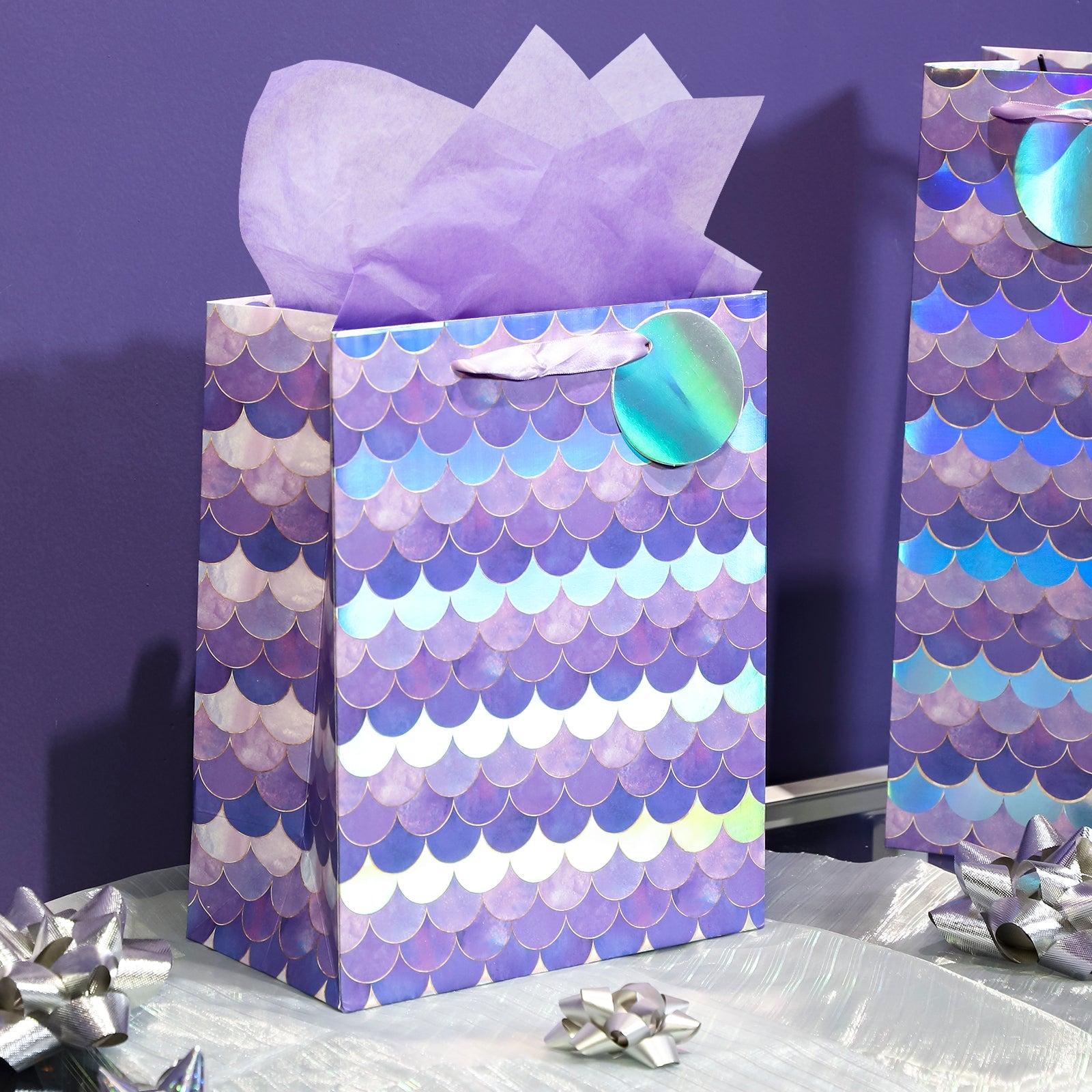 Gift Bags Set - 4 Pack - Purple & Silver Fish Scales With White Tissue Paper
