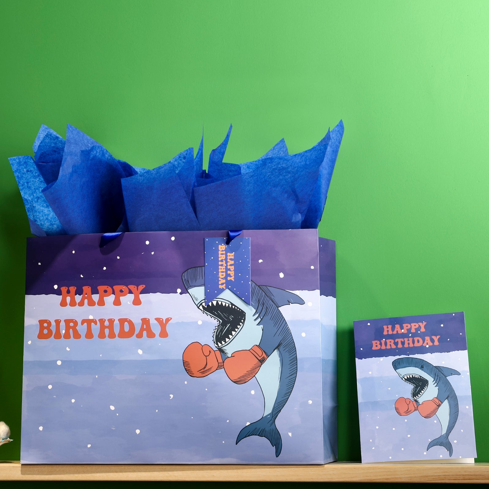 16 inch Extra Large Gift Bag with Birthday Card  & Tissue Paper for Boys - Shark Design