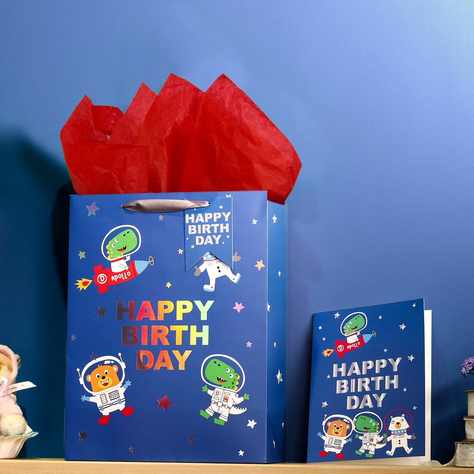 13 inch Large Gift Bag with Birthday Card  & Tissue Paper for Boy - Dinosaur Astronaut Design for Boys