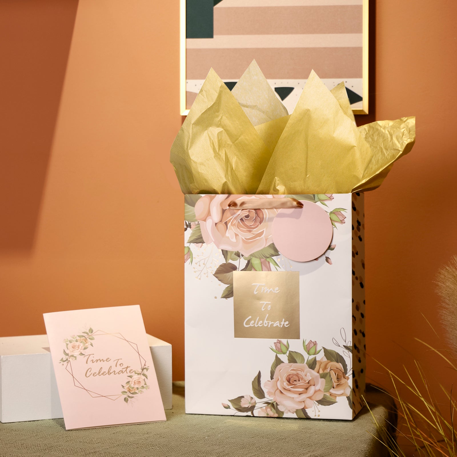 13 inch Large Pink Gold Gift Bag with Card  & Tissue Paper for Wedding/Anniversary