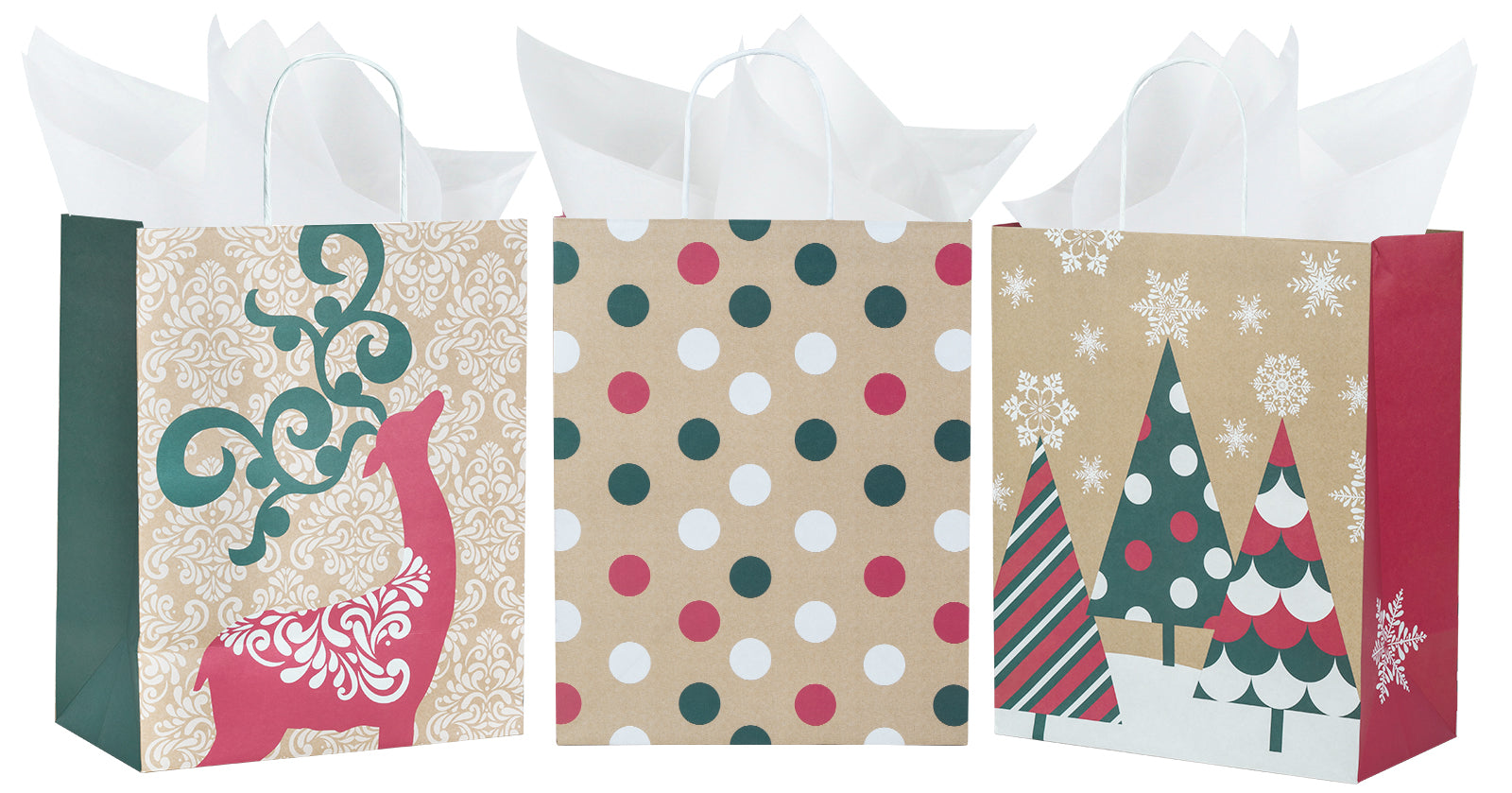 Assort Large Christmas Gift Bags - Elk/ Rudolph/ Christmas Tree - 9 Pack,10x5x13 inch